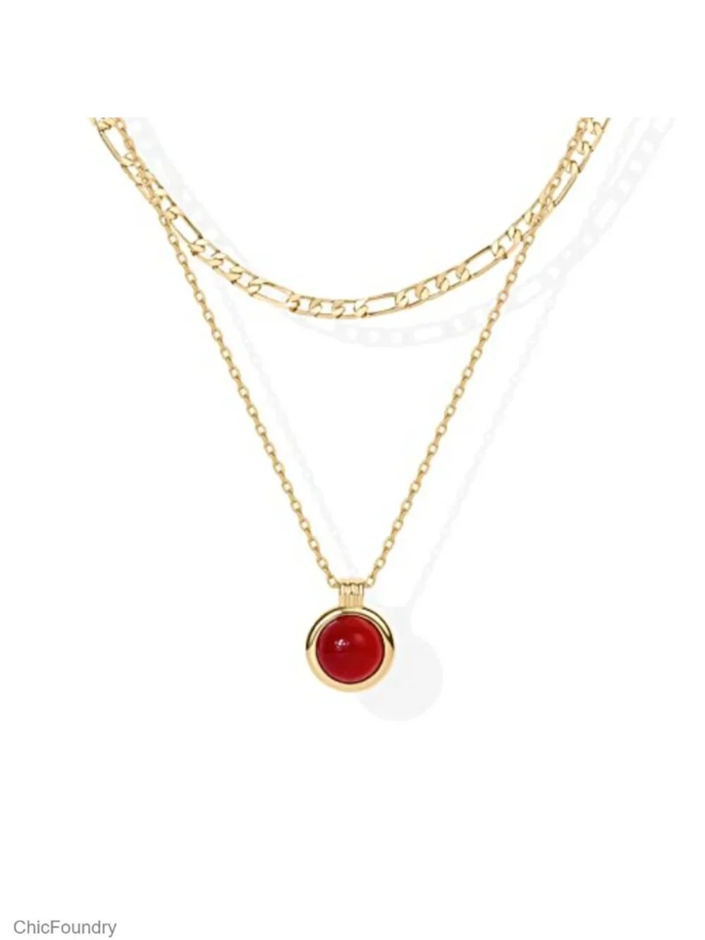14K Gold Plated Carnelian Pendant Layered Necklace Women's